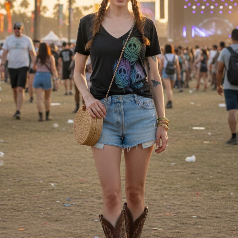 Black T-Shirt with Colorful Peacock Feather Design